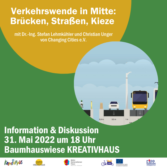 Verkehrswende in Mitte: Brücken, Straßen, Kieze. Information und Diskussion am 31. Mai um 18 Uhr auf der Baumhauswiese des Kreativhauses. Fischerinsel 3